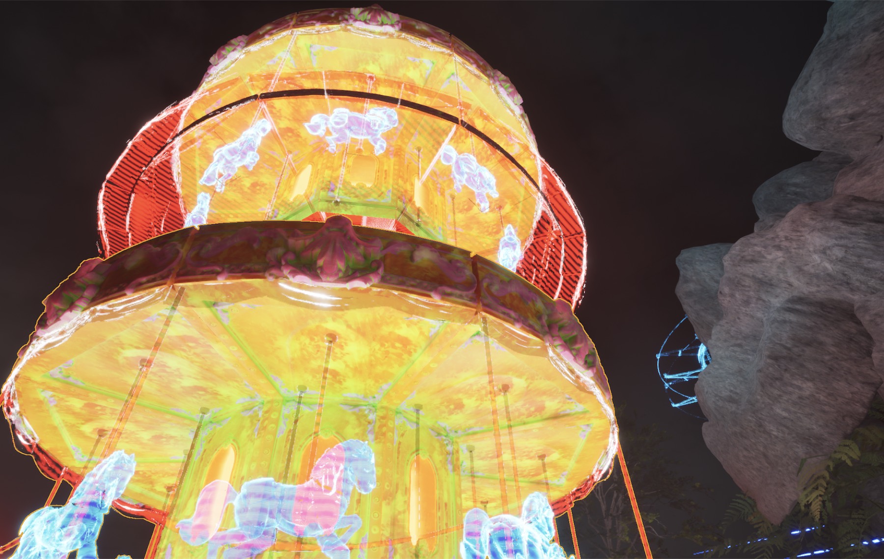 TRANCE — a luminous carousel projection glowing against a black sky in a virtual environment