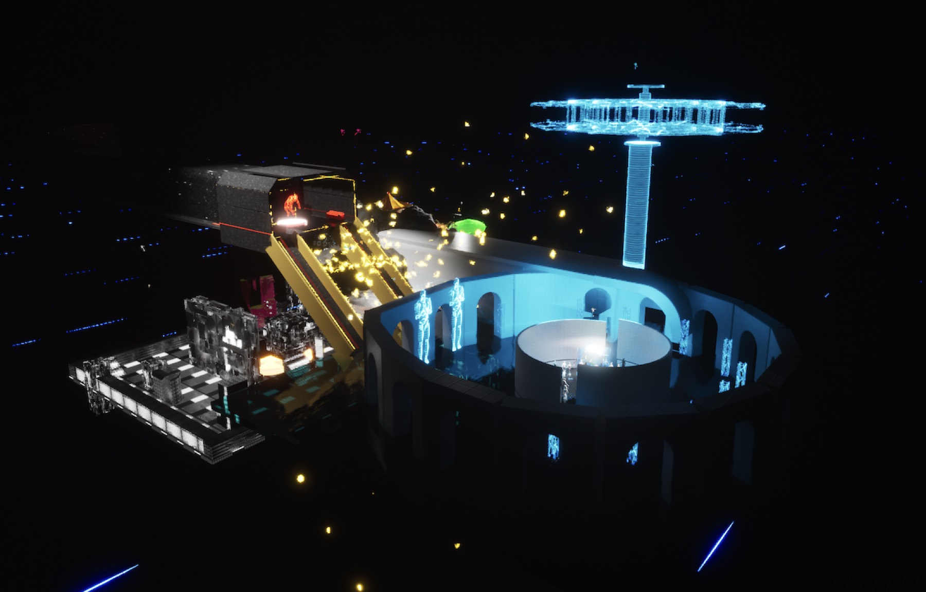 TRANCE — a dark virtual arena ringed with luminous figures under a floating platform