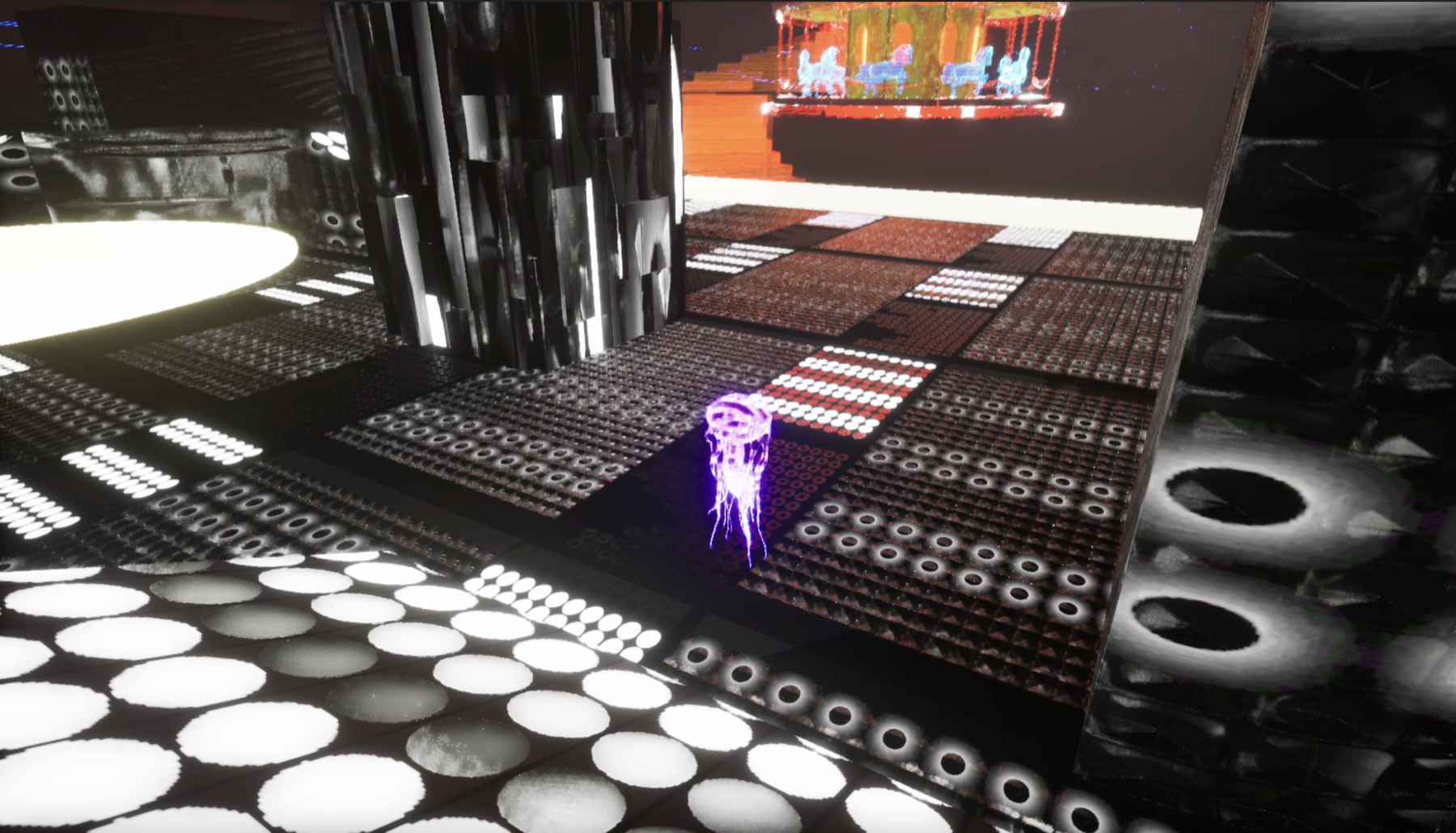 TRANCE — a mirrored hall of patterned light with a glowing carousel in the distance